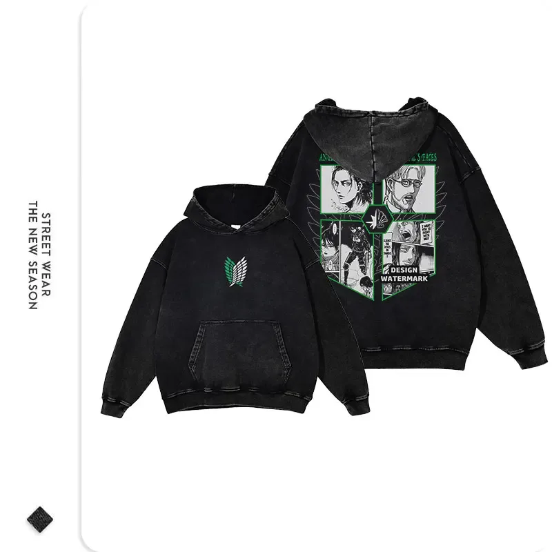 Anime Levi Hoodies Vintage Washed A-Attack on Titan Hoodie Casual Manga Yeager Eren Hooded Sweatshirts Titan Attack Pullover