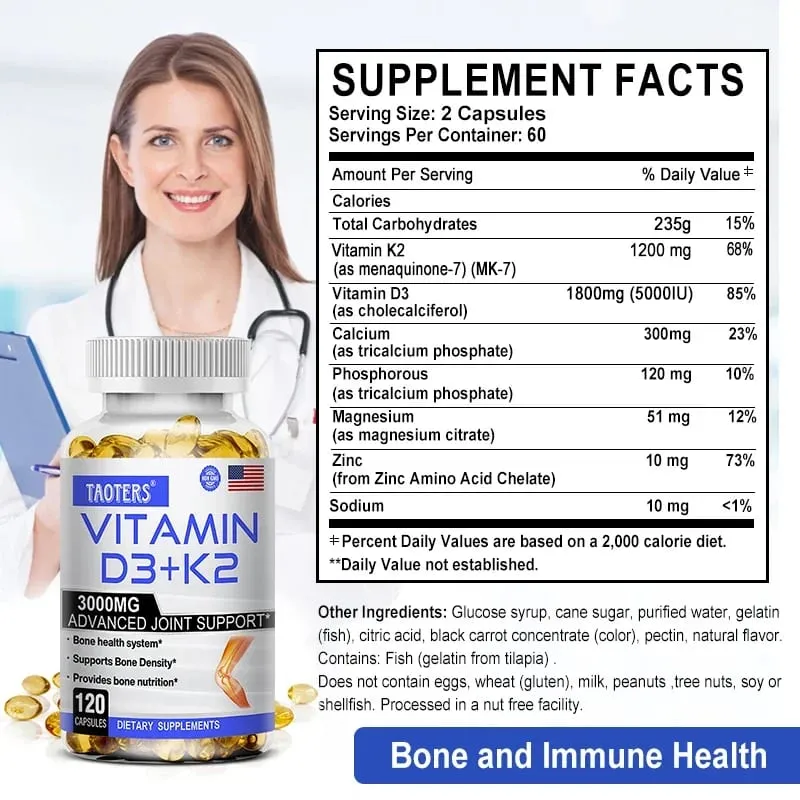 Vitamin D3 & K2 | Bone & Cardiovascular Health Support Immune System Support 120 Capsules