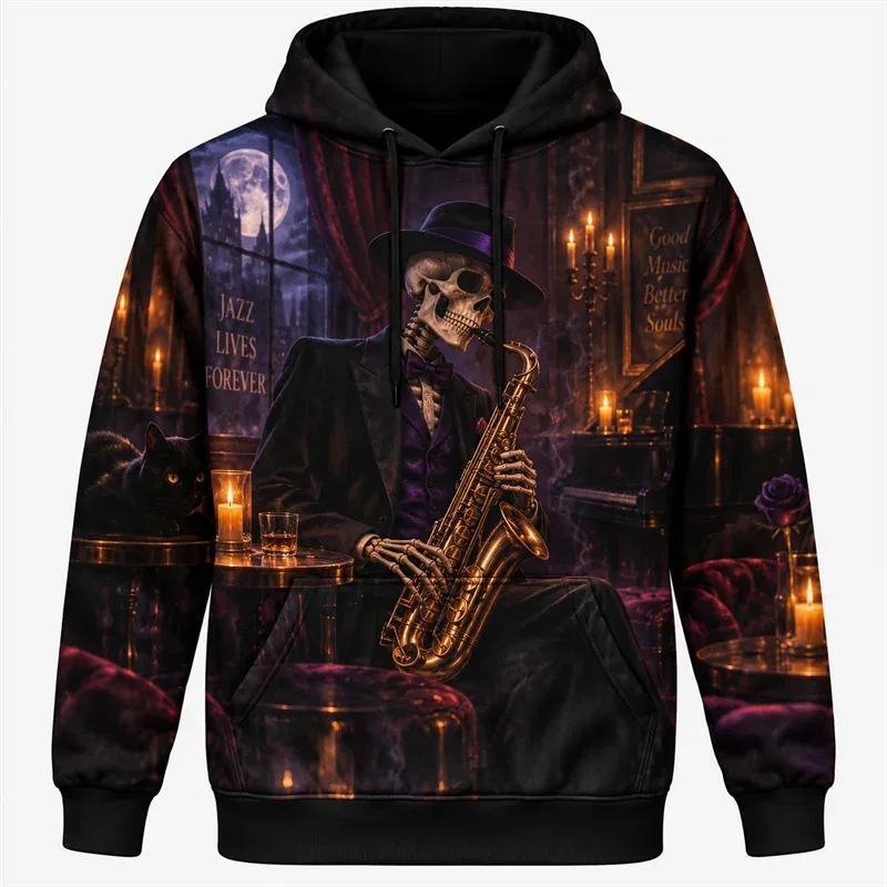 Hoodie Halloween 2026 Pulover Grafis Retro Petualangan Berhantu Pakaian Jalanan Malam Gotik Kerangka Hantu Labu Hutan Bulan Uniseks — image 4