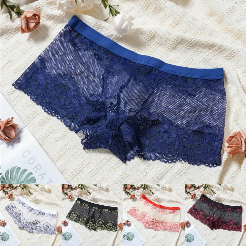 Men Lace Jacquard Mesh Boxer Shorts Underwear Hollow Temptation Exotic Trunks Silk Soft Quick Dry Breathable Sexy Panties