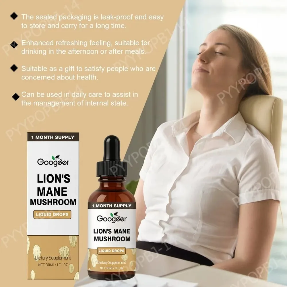 נוזל פטריות רעמת Googeer Lion's מפיל זיכרון ותמיכת מיקוד לבהירות קוגניטיבית זריזות נפשית ללא אלכוהול 30 ML