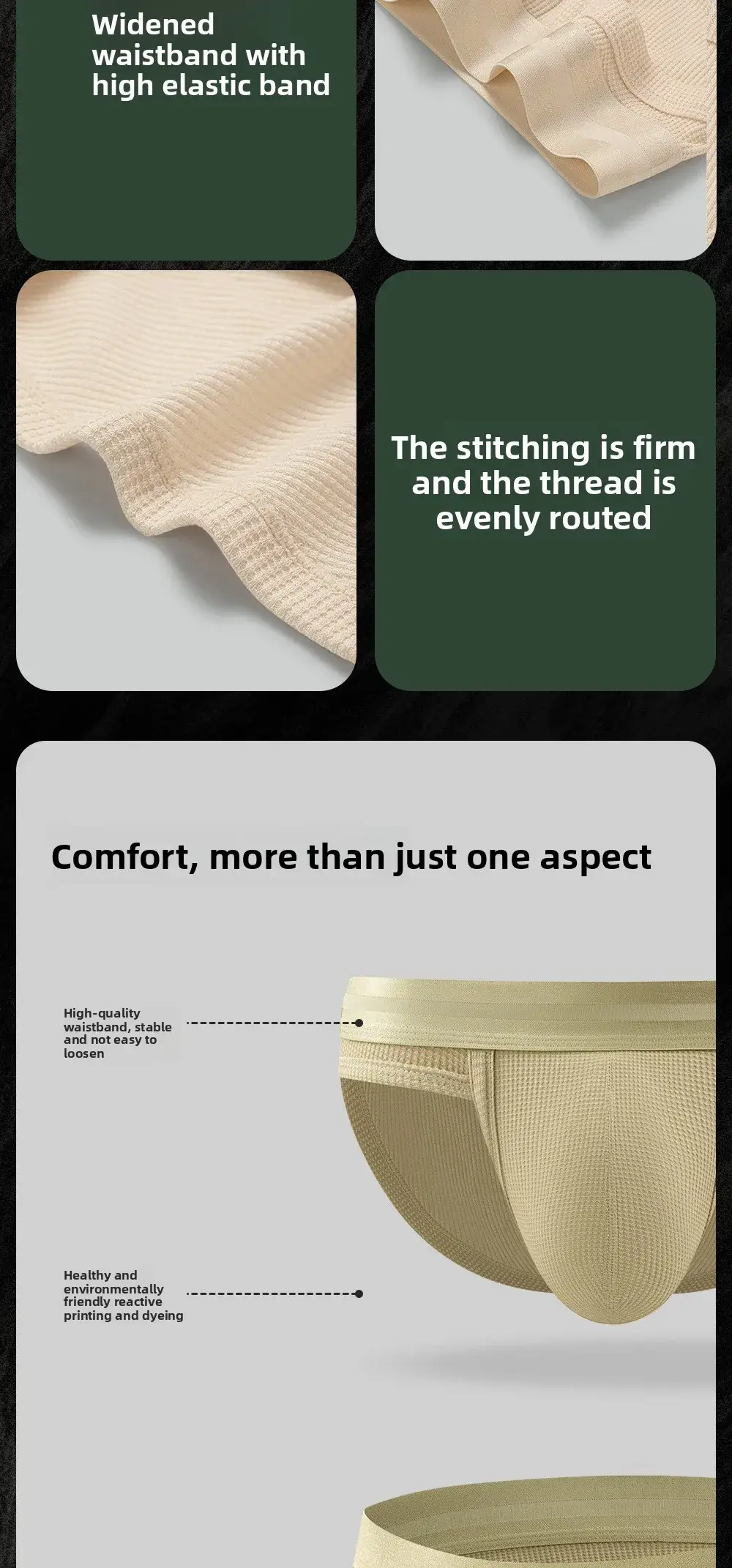 3pcs Sexy Men Waffle Cotton Briefs with Raised Bag Support Pouch with Hole U Spacious Separate Crotch Breathable Anti-sweat