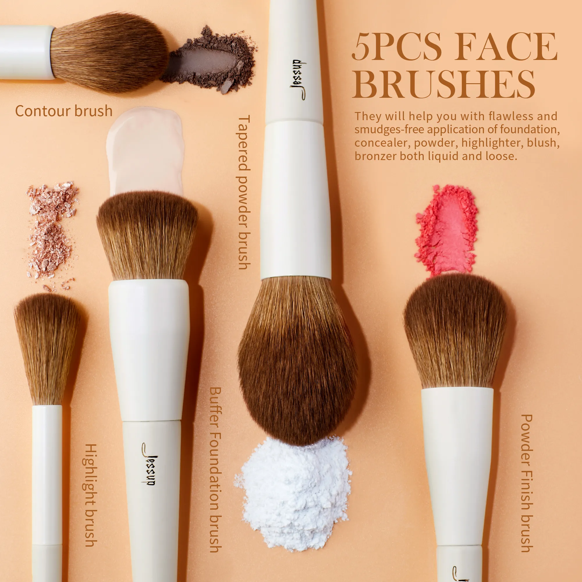 Jessup Face Brushes set 5Pcs Makeup Brushes Vegan Foundation Blush Bronzer Brush Contour Fluffy Setting Powder Light Grey T493
