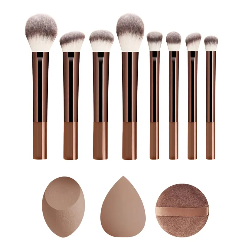 8 Buah Set Kuas Rias Kopi Coklat Kuas Eyeshadow Foundation Perona Pipi Bedak dengan Puff Segitiga