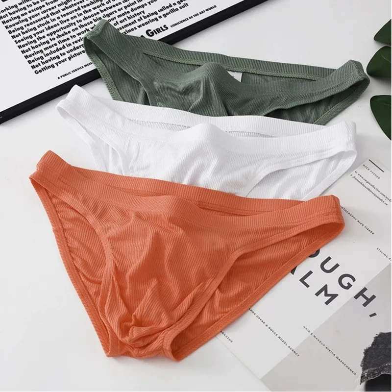 Men Rib Fabric Briefs Underpants Man Sexy Underwear Breathable Low Waist Mens Bikini Briefs Cuecas Big Pouch Hombre Slips