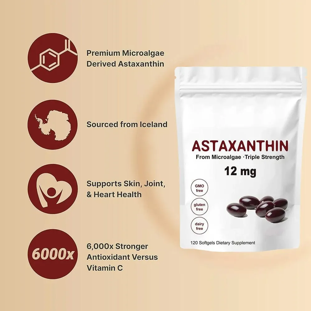 Astaxanthin 12mg Softgels - Astaxanthin Antioxidant Supplements Supports Eye Joint Skin & Circulation Health Natural Tanning — image 3