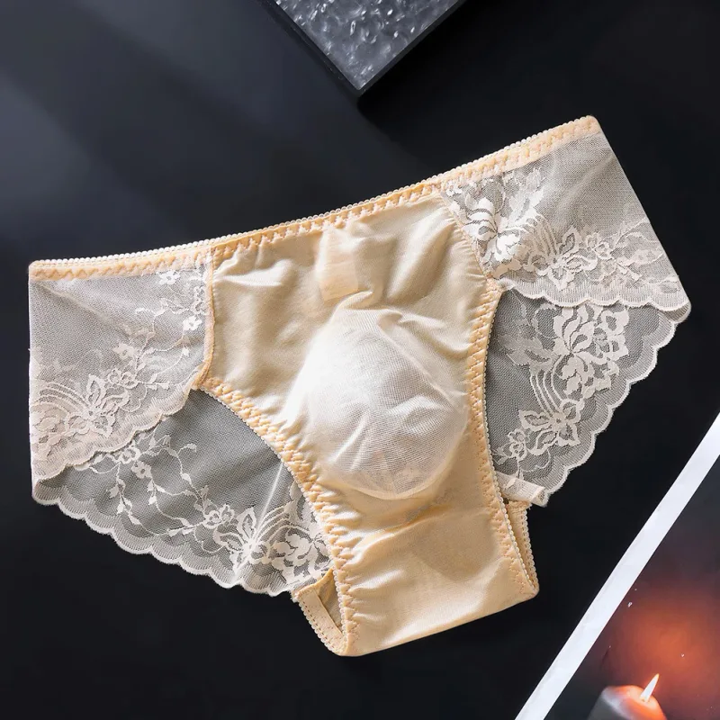 Men Lace Briefs Seamless Ice Silk Briefs Underwear 3D Bulge Pouch Low Waist Gay Panties