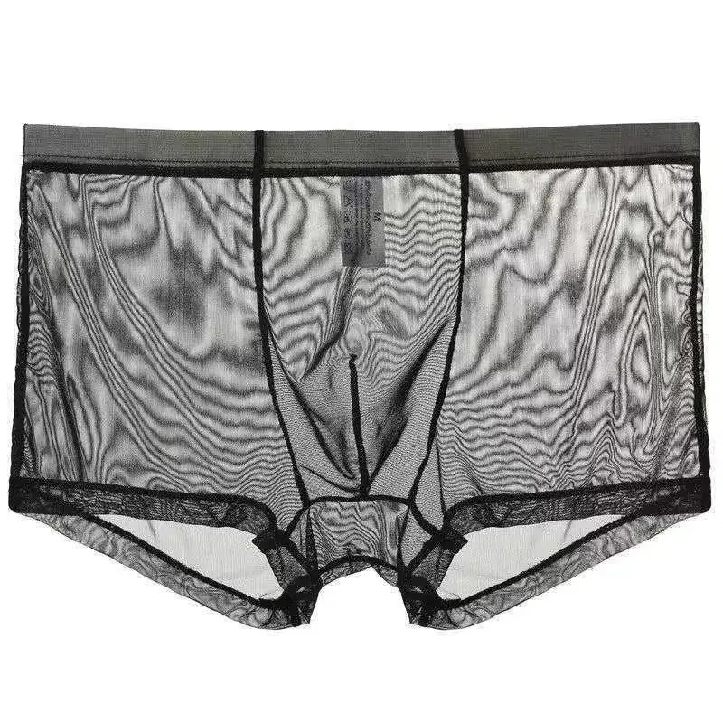 Cueca boxer transparente com protuberância, seda gelada, transparente, cuecas sexy, cintura baixa, lingerie íntima