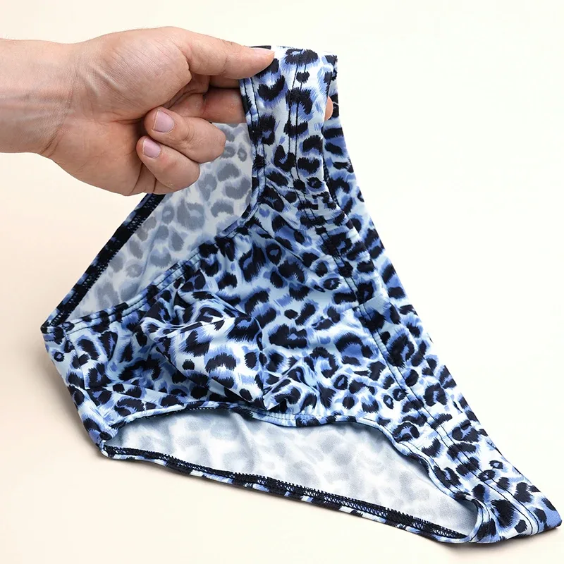 Men's Mid Waist Underwear Sexy Ice Silk Briefs Leopard Printed Breathable Underpants Male Soft Comfortable Panties Cueca Homme