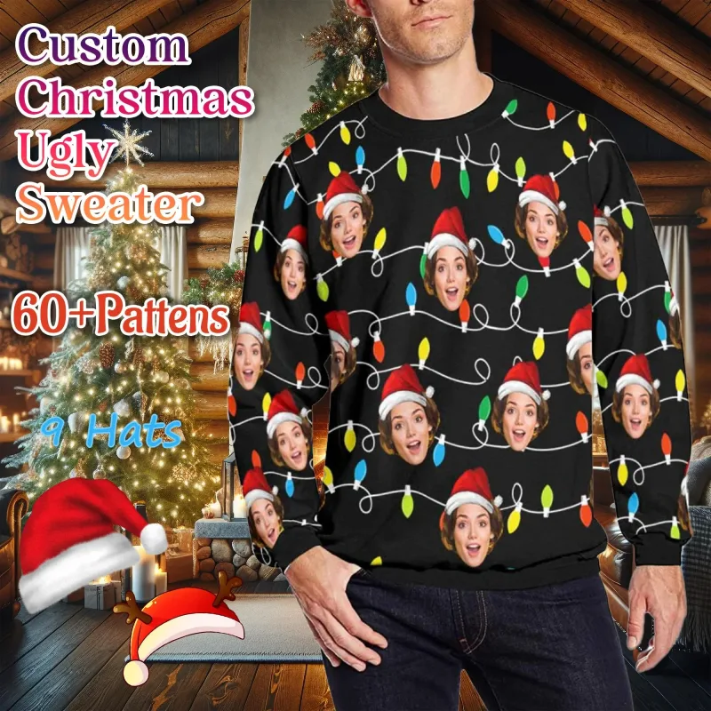 Peribadikan Foto Anda Cetakan 3D Sweater Krismas Hodoh Pakaian Seluar Wajah Keluarga DIY Baju Baju Imej Lucu Hadiah Xmas Peribadi Uniseks
