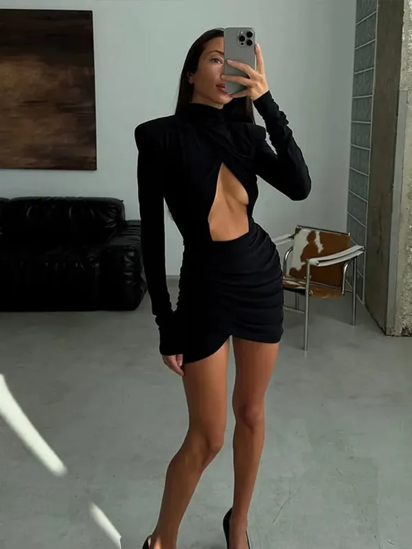 Solid Single-breasted A-line Mini Dress 2026 Elegant Women's V Collar Full Sleeve High Waist Vestidos Lady Commute Street Gowns
