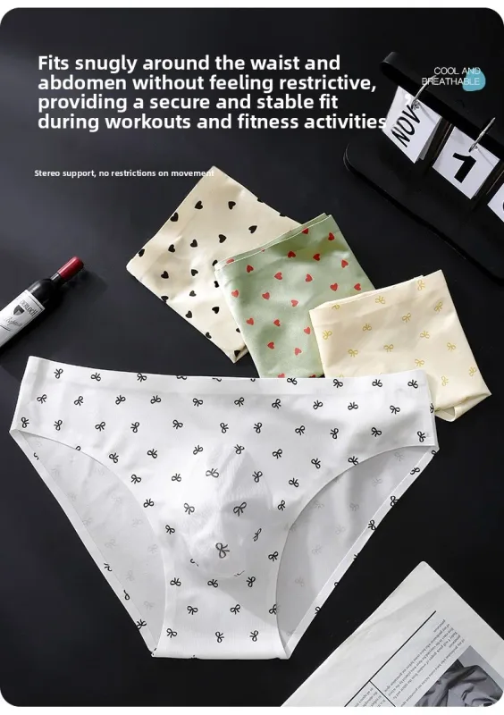 Male Seamless Ice Silk Briefs Cute Heart Bowknot Print 3D Molded Pouch Low Rise Soft Breathable Men Underpants