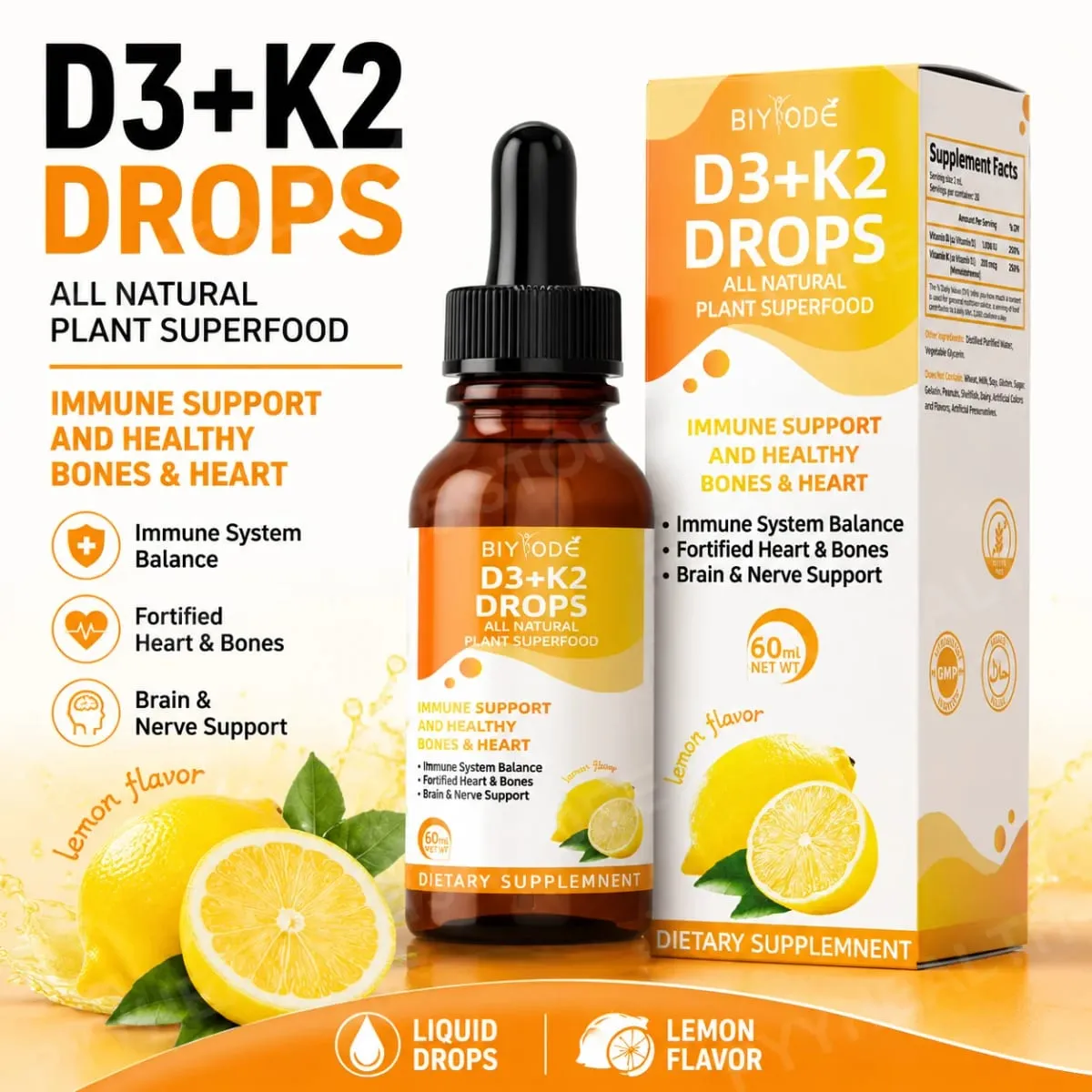 Vitamin D3 K2 Liquid Drops Calcium Absorption and Bone Support 1000 IU D3 with K2 Lemon Flavor 60 ml 30 Servings