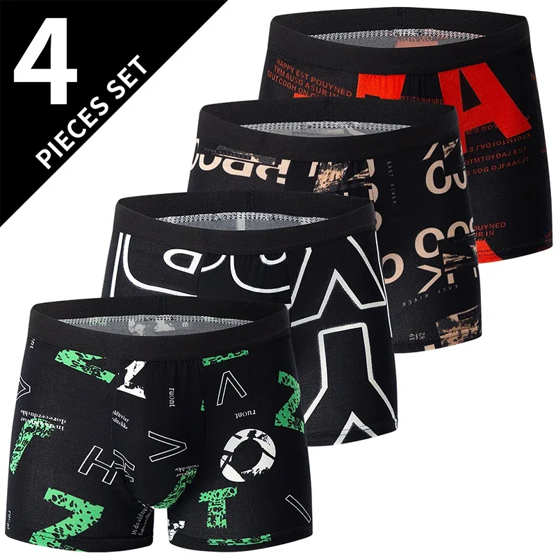 4-teilige Herrenmode, bedruckte Unterwäsche, atmungsaktive Schritt-Boxershorts für Teenager, bequeme Übergrößen-Unterwäsche bis 6XL.