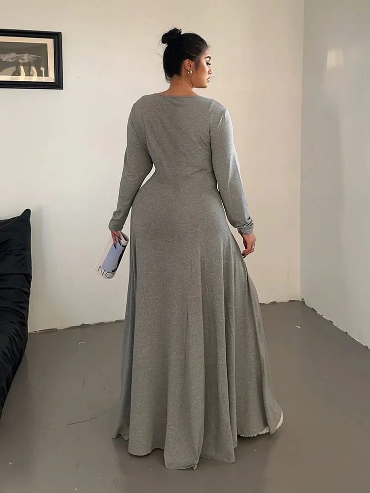 Nagyméretű egyszínű kötött elegáns A-vonalú Flowy maxi ruha | Női hosszú ruha | Alkalmi és ingázó stílus