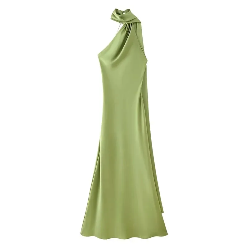 High Street Women Σέξι Κομψό Μακρύ Φόρεμα Γυναικεία Μόδα Πράσινο Σατέν Πάρτι Maxi Vestidos