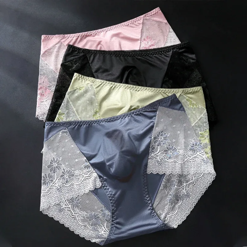 Men Satin Ice Silk Triangle Underwear 3D Pouch Low‑Waist Briefs Side Lace Breathable Soft Sexy Male Plus Size Intimate Shorts