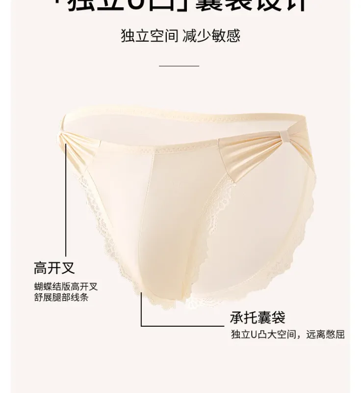 Women Panties for Men Bow High Cut Briefs Lace Mesh Sheer Underwear U Convex Pouch Breathable Underpant French Style Nightwear