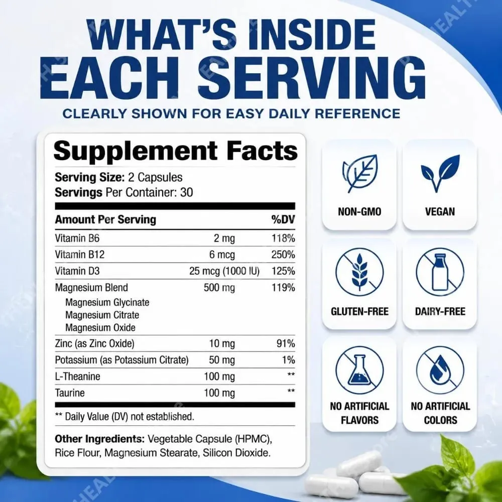 Κάψουλες Docteat Magnesium Complex με 500mg μείγμα μαγνησίου υποστηρίζει την υγεία των νεύρων και τον ενεργειακό μεταβολισμό καθημερινά 60 κάψουλες — image 2