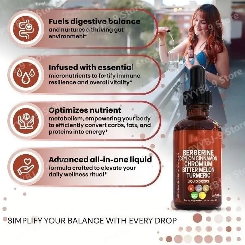 Berberine Chromium Turmeric Ginseng Liquid Drops 60ml Organic Herbal Supplement Pang-araw-araw na Wellness Balance Support para sa Matanda