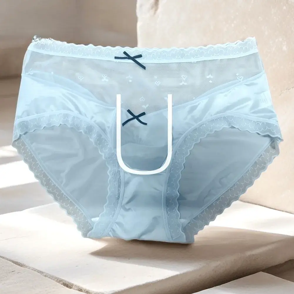 Men Satin Lace Brief Underwear Sweet Bow Decoration Sheer Mesh Waistband Scalloped Lace Trim Soft Smooth Fabric Sexy Male Briefs