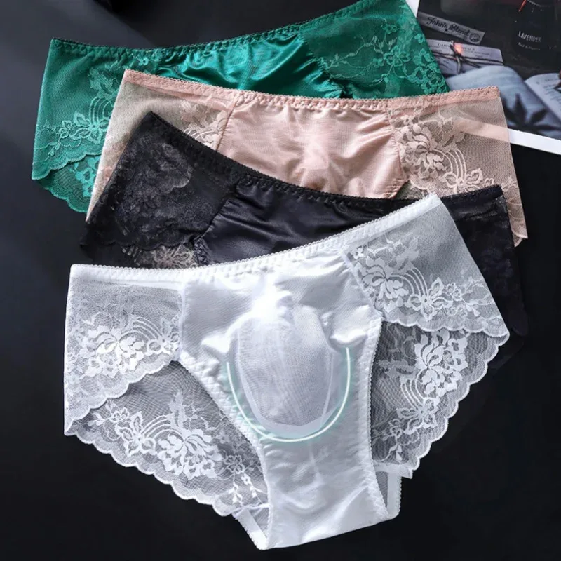 4PCS Sexy Transparent Men Lace Briefs Low Waist Thin Hollow Out Triangle Panties Male Seamless Exquisite Breathable Underwear