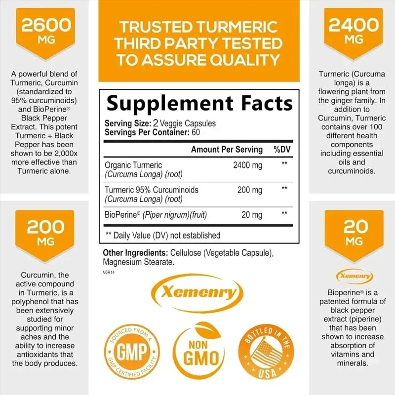 Turmeric Curcumin Capsules Supplement with BioPerine Black Pepper Extract for Joint Digestive & Immune Support