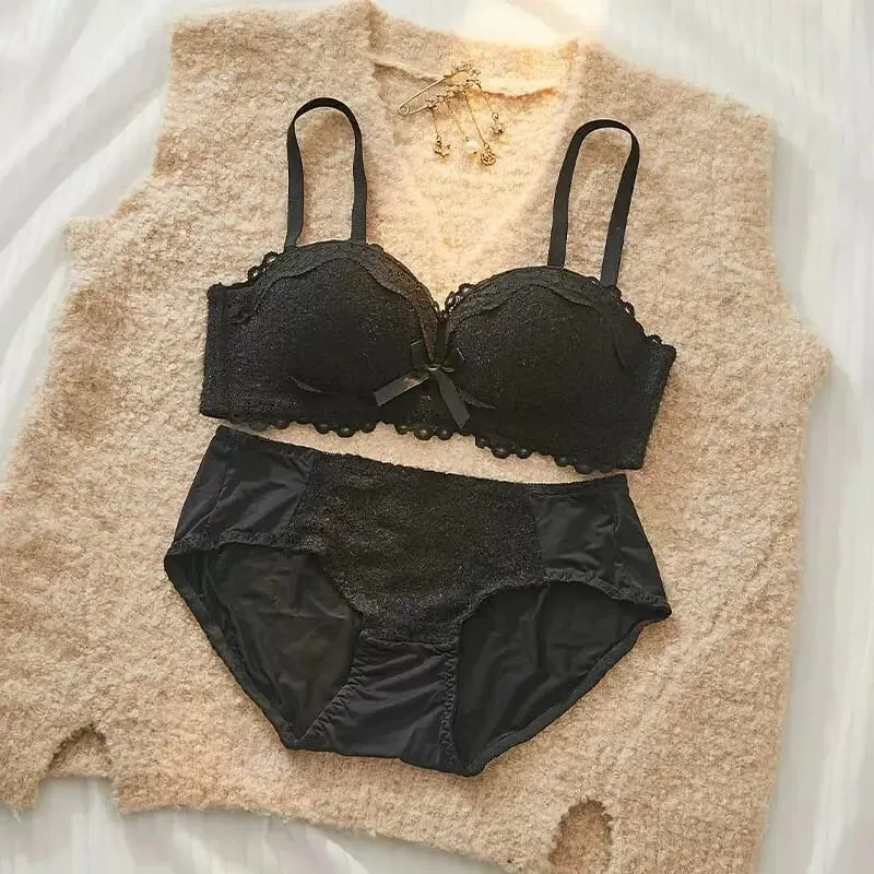 Lace Sexy Lingerie Set Push Up Thick Padded Small Breast Enhance Shaping Half Cup Bra Concealed Brief Intimates Underwear