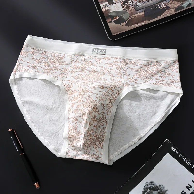 Men Sexy Briefs Sissy Lingerie Ice Silk Floral Print Panties U Convex Pouch Underwear Thin Daily Underpants Calzoncillos Hombre