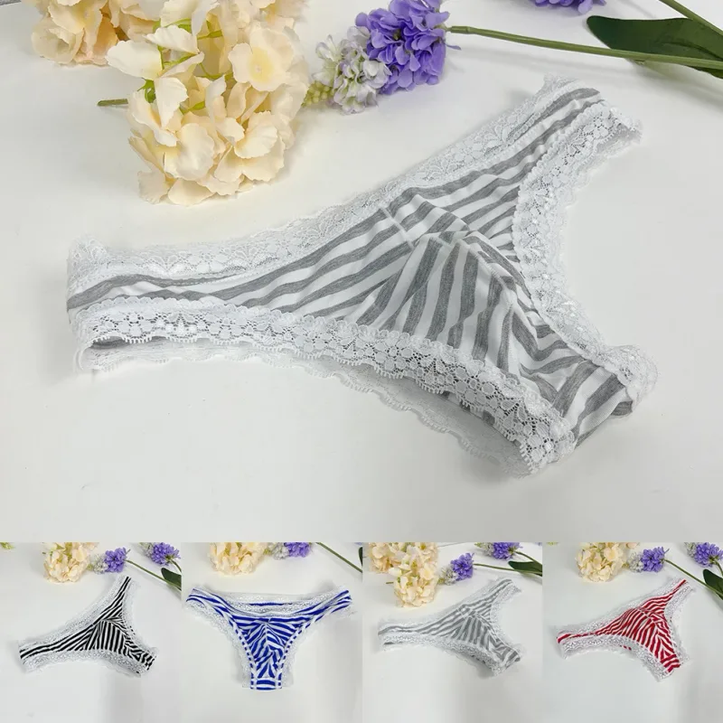 Men Lace Trim Striped G-string Underwear Half-covered Butt Low-rise Pantie Breathable Sexy U Bulge Pouch Comfortable Tong