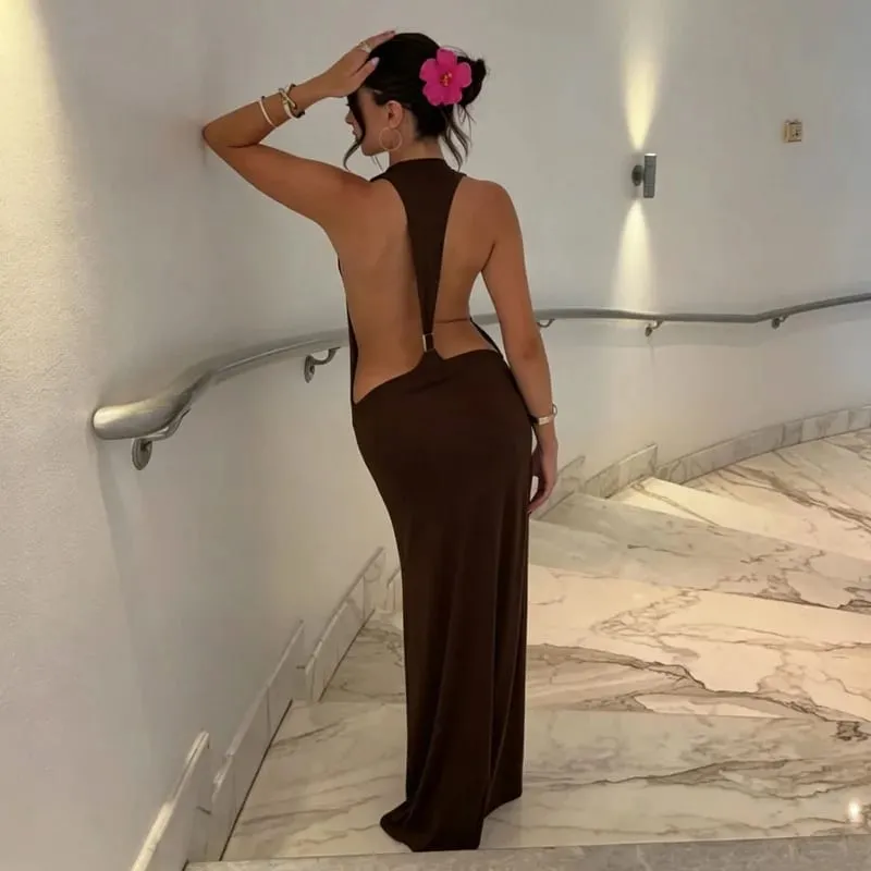 Tossy Women Halter ללא גב Bodycon מקסי שמלת מקסי פתוחה גב ספגטי רצועת זהב טבעת מסיבת ערב שמלת קיץ חוף שמלה ארוכה