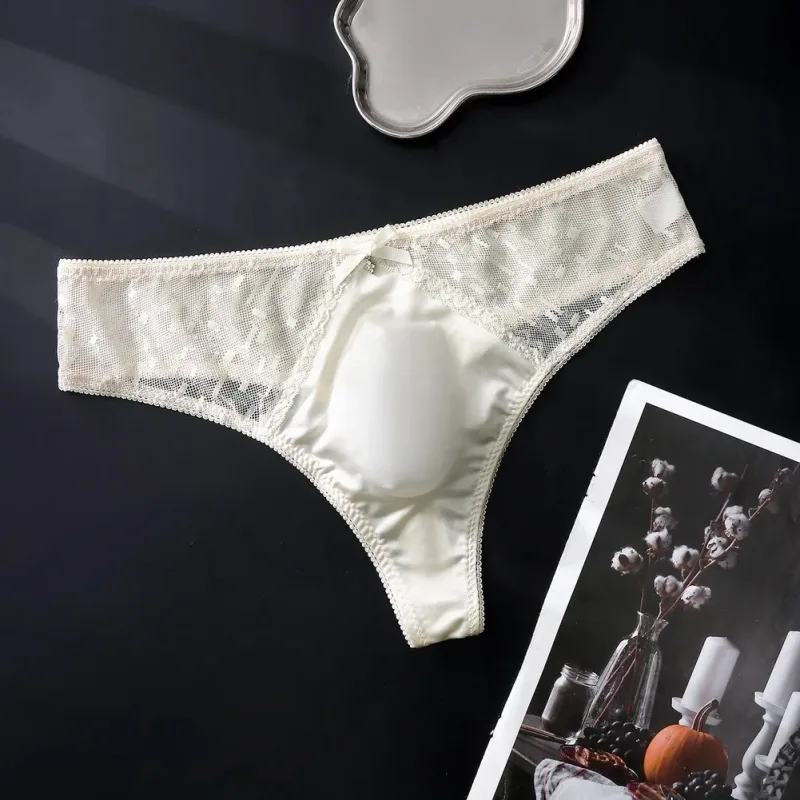 Men's Thong Underwear Made of 81.7% Polyester 18.3% Spandex Ice Silk Blend with Lace Trim and 3D Bulge Pouch Solid G String