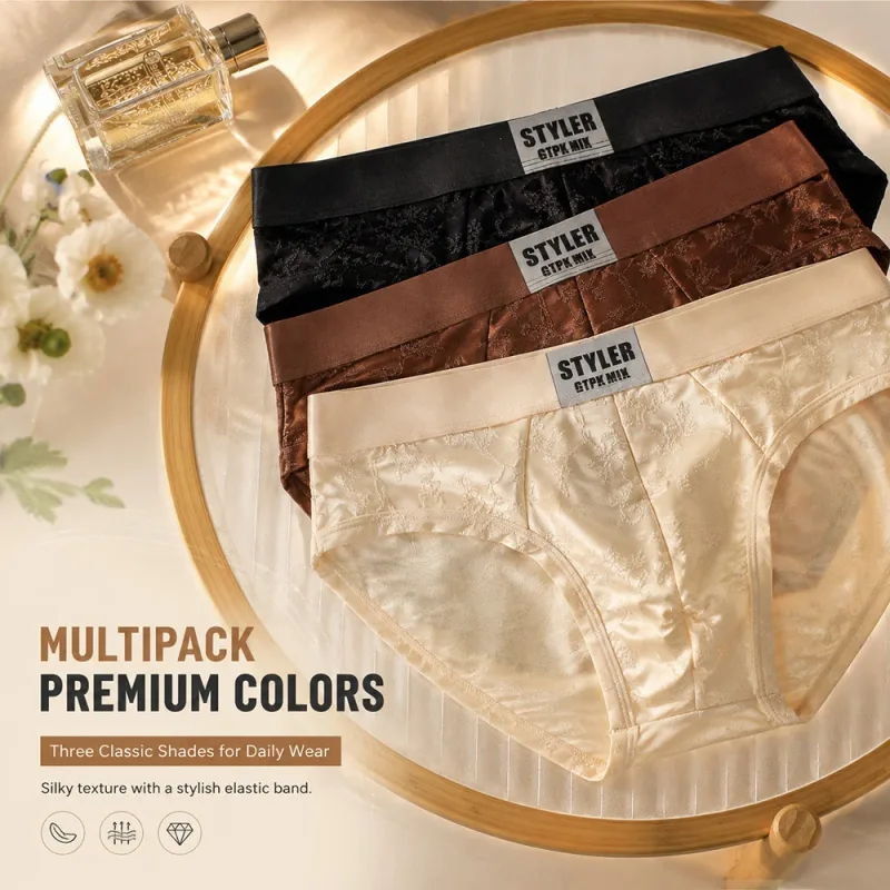 1/3PCS Sexy Perspective Men's Briefs Luxury Jacquard Smooth Ice Silk Mens Intimate Underwear Breathable 3D Mesh Pouch Lingerie