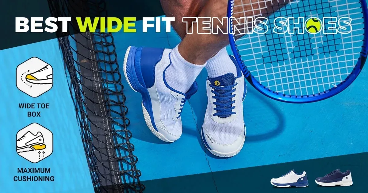 FitVille Férfi széles szélesség 2E Professzionális tenisz edzőcipő Légáteresztő könnyű csúszásmentes sportcipő Íves támasztékkal egész napos viselethez