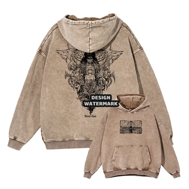 Anime Levi Hoodies Vintage Washed A-Attack on Titan Hoodie Casual Manga Yeager Eren Hooded Sweatshirts Titan Attack Pullover