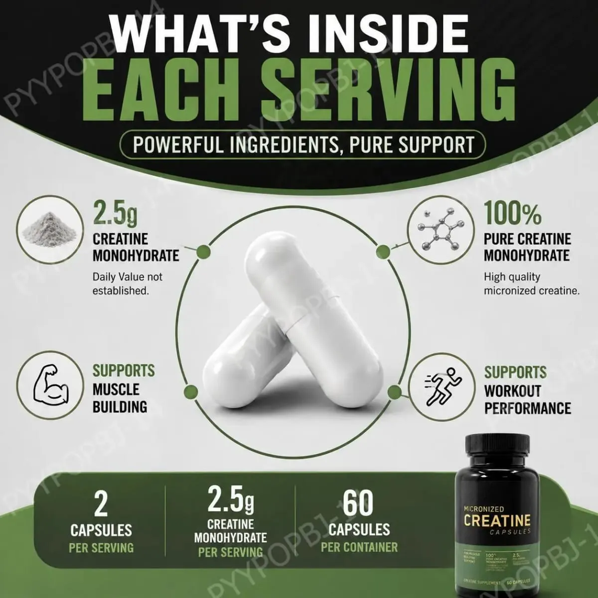 Micronized Creatine Capsules 100% Pure Creatine Monohydrate Muscle Building Support for Adults Sports Per Container 60 Capsules