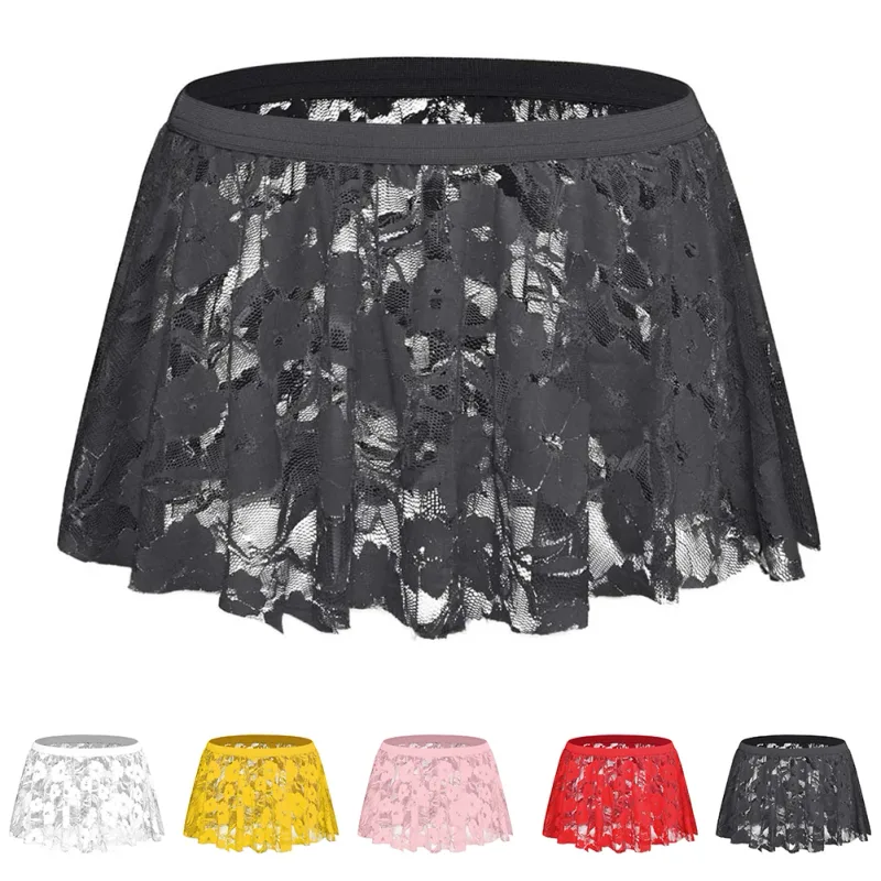 Gonna da uomo in pizzo solido a rete trasparente per lingerie bassa per gonne a pieghe a vita vedere attraverso il fondo aderente per la sera della festa