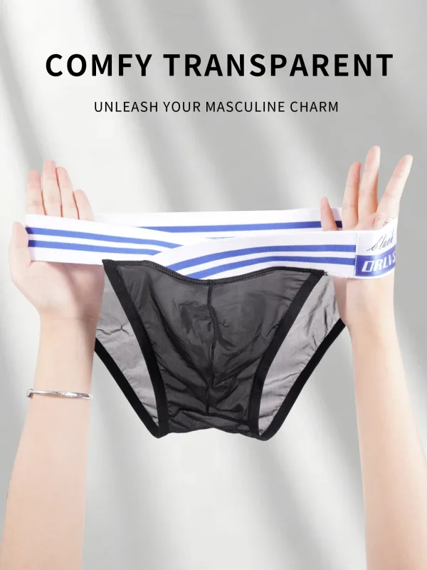 Men's Ice Silk Ultra-Thin Barely-There Mesh Sheer Briefs, Striped V-Shape Elastic Waistband Summer Daily Commute Underwear
