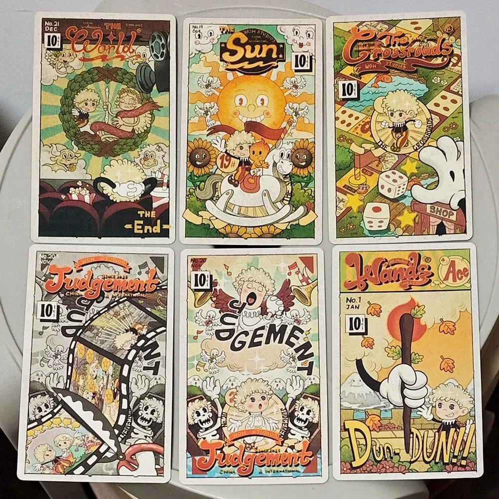Dupla dombornyomott, 12*7 cm-es vintage gumitömlős Tarot pakli merev dobozban 78 régi rajzfilmes művészeti tarotkártya