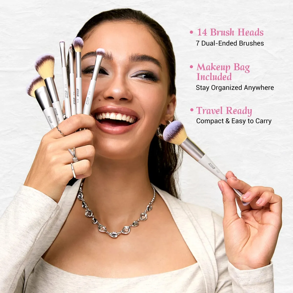 Σετ πινέλα μακιγιάζ Jessup 3/7 τμχ Dual Ended Synthetic Foundation Blush Highlight Blending Brush Brush with Bag Quiet Grey T520