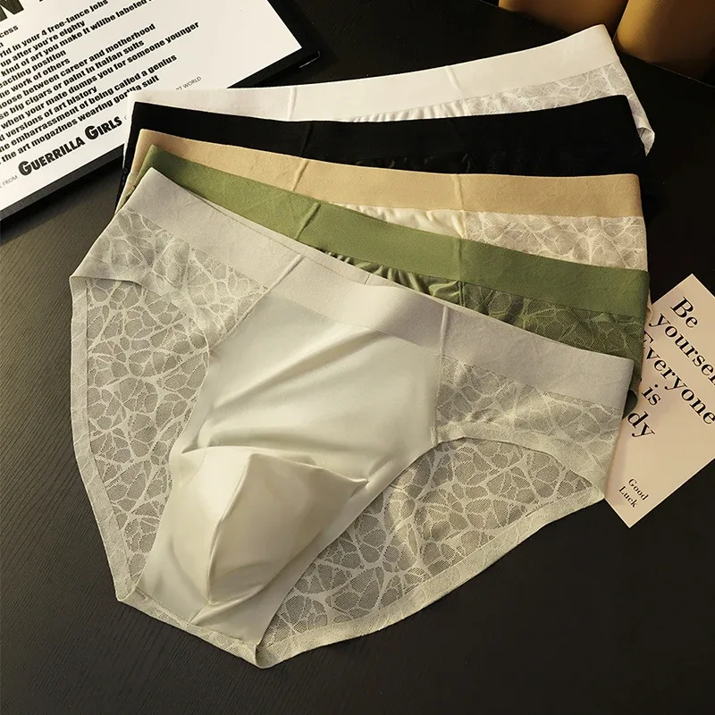 Men Triangle Underwear Ice Silk Thin Breathable Panties Quick Drying Briefs Male Sexy U Bulge Pouch Underpant Lace Leopard Print