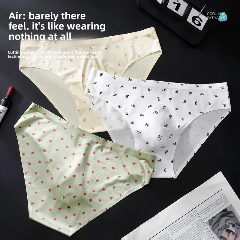 Male Seamless Ice Silk Briefs Cute Heart Bowknot Print 3D Molded Pouch Low Rise Soft Breathable Men Underpants