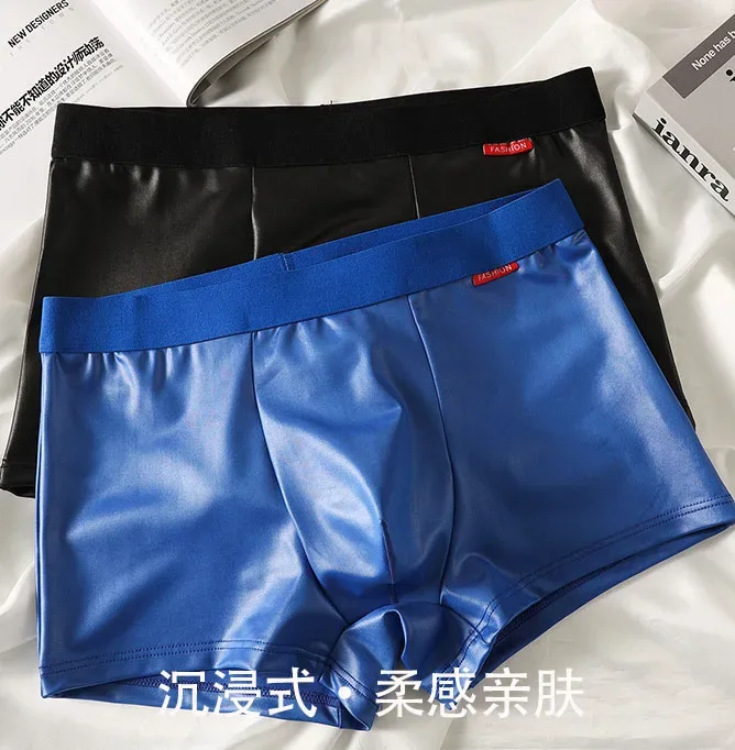 Imitation Leather Underwear Men's Sexy Slim Fit Boxer Shorts Korean Youth Bugle Pouch Undepant Comfortable Sports Trunk Stretch