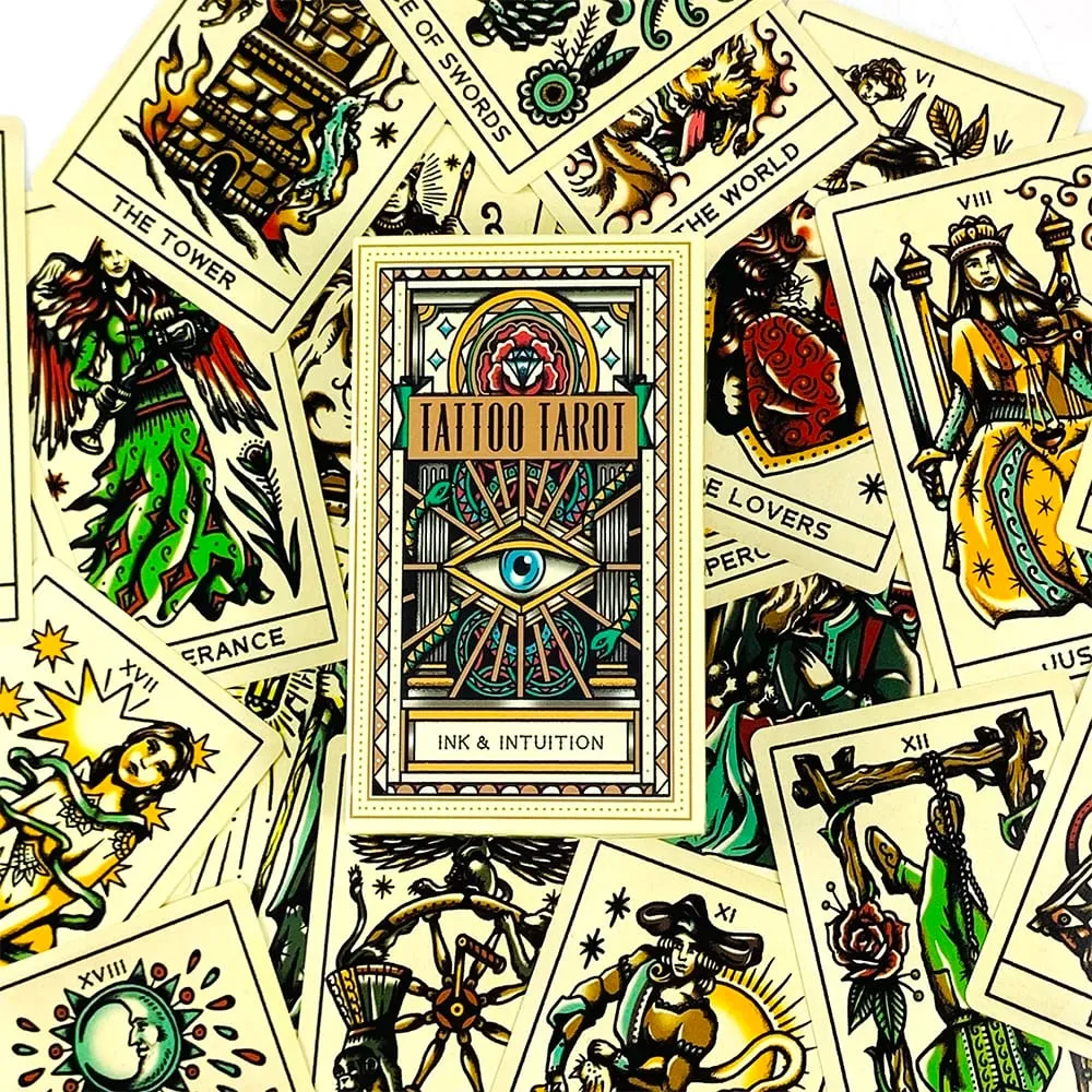 Élénk árusítású tetoválásos tarotkártyák 78-as tarotpakli PDF-útmutató Jövőjóslás Borad Játék játékok Családi összejövetel kártyajáték