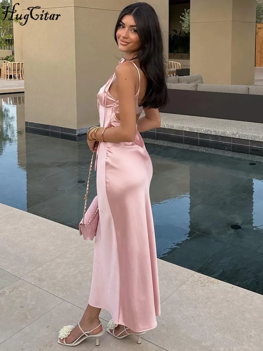 Hugcitar V Neck Solid Slips Backless Hollow Out Lace Up Sexy Bodycon Maxi φόρεμα χορού Καλοκαιρινό Γυναικεία Κομψά ρούχα Πάρτι γενεθλίων