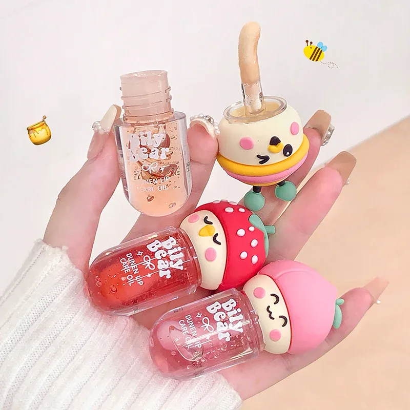 Minyak Bibir Jeli Madu Persik dengan Lip Gloss Stroberi Hidrasi Mengkilap Kosmetik Lipgloss Cermin Tahan Air Tidak Pudar Tahan Lama