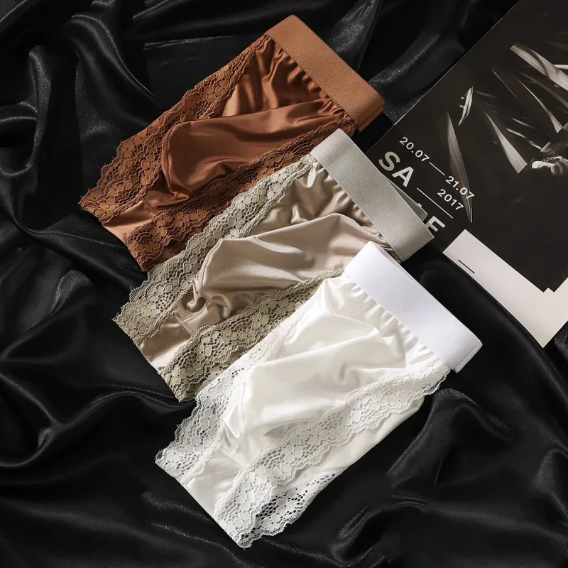 Satin-like Comfortable Men Panties Lace Trim Briefs Sexy High Fork Bikinis Underwear Breathable Low Waist Pouch