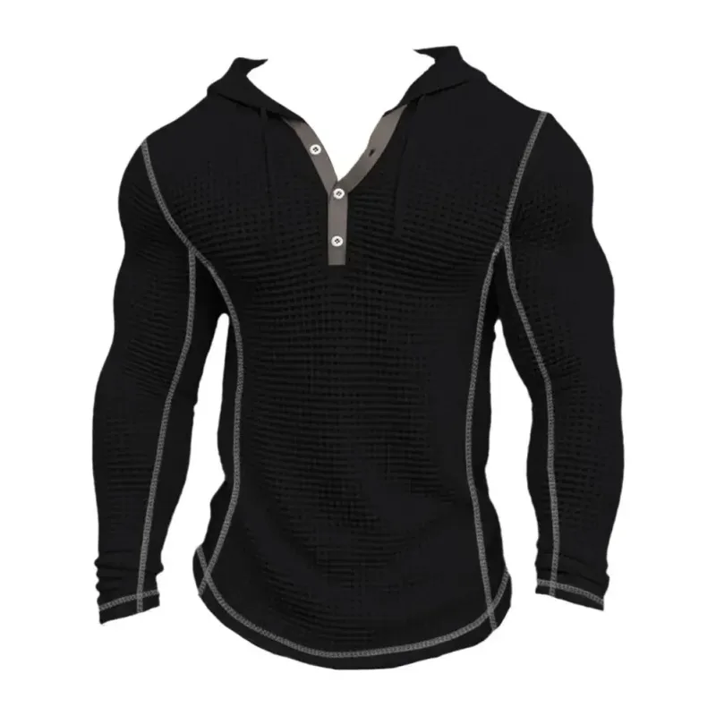 Waffle Solid Fabric Slim Fit Hoodies Men V-neck Button Casual Sweatshirts Hip Hop Street Sweater Panlalaking Sports Tops Long Sleeve