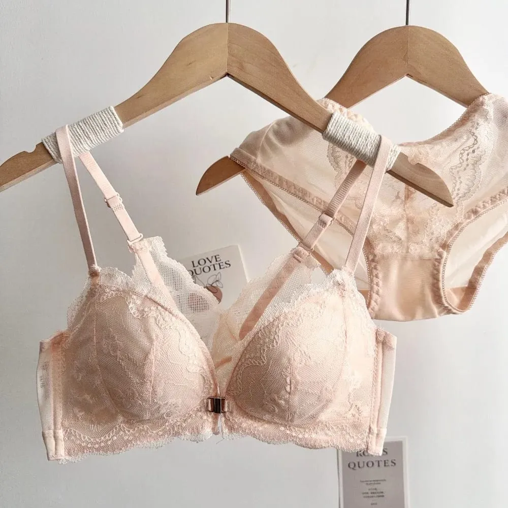 Women Small Bust Lace Bra Set Front Closure Wireless Beautiful Back Push‑Up Brassiere Soft Daily Lingerie Underwear Size 32‑38AB