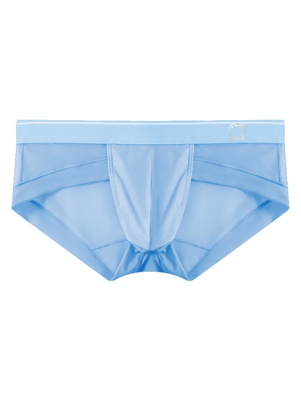 Light Sky Blue Ice Silk Men Low Rise Briefs Ultra Thin Mesh Breathable U Convex Pouch Soft Summer Cool Male Underpants